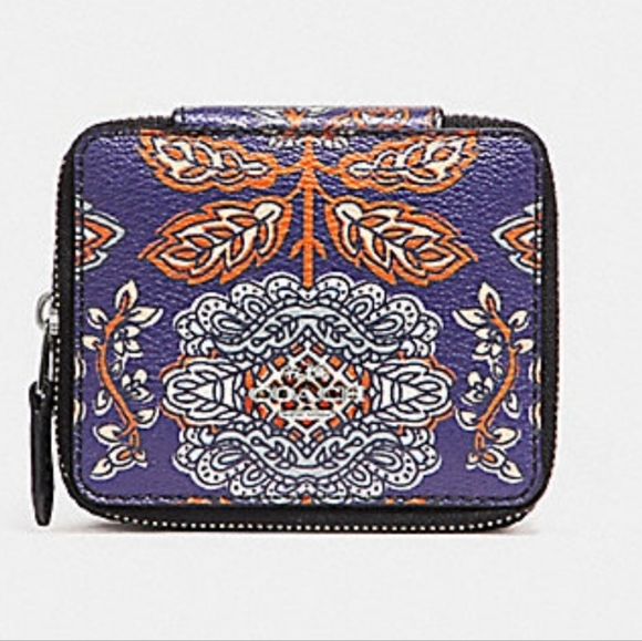 Coach Forest Flower Print Travel Jewelry Case Coated Canvas Zip Around Blue NWT - Picture 13 of 13